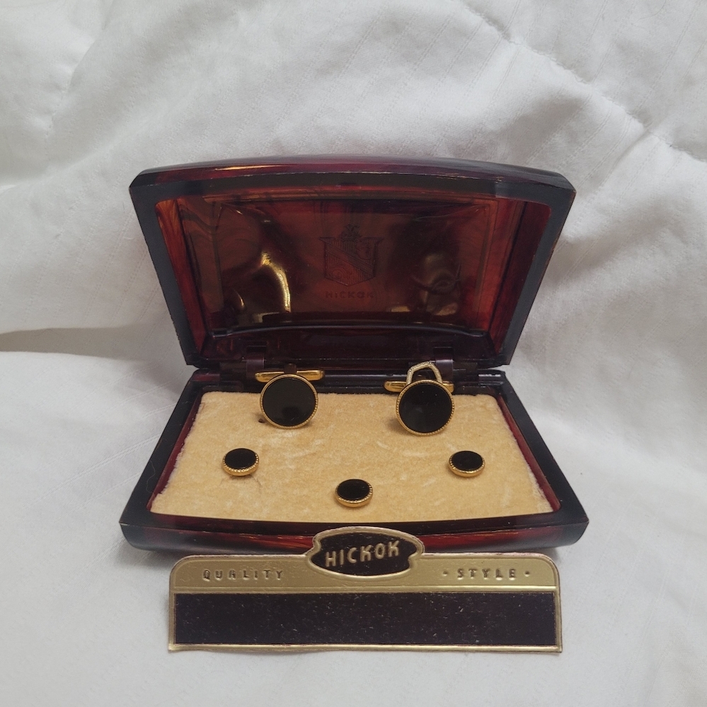 1940s Hickok Art Deco Black Enamel Cufflinks 3 French Tuxedo Buttons Wedding